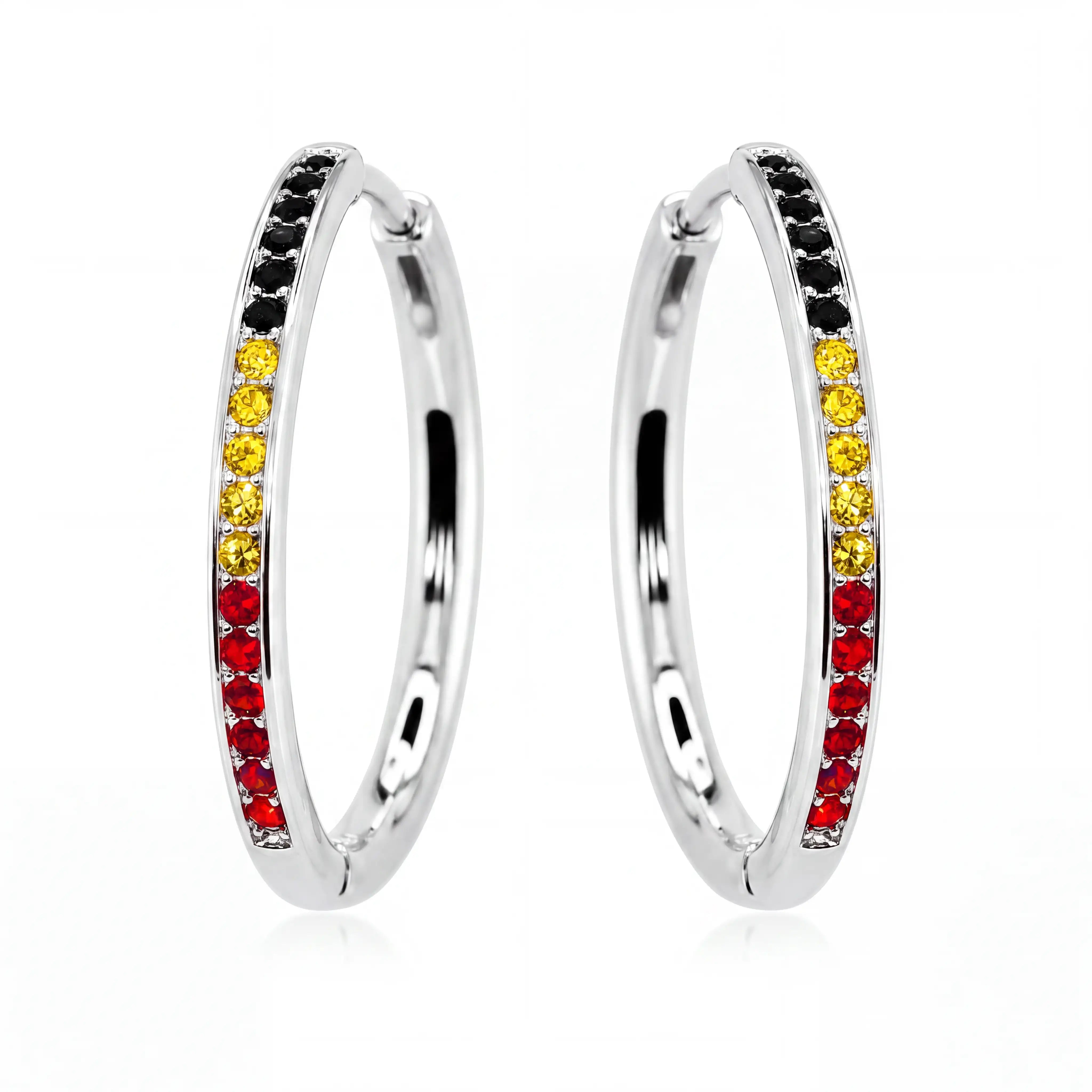 Aboriginal Flag Earrings in Silver Midi Hoops with Red, Black and Yellow crystals like the Aboriginal Flag