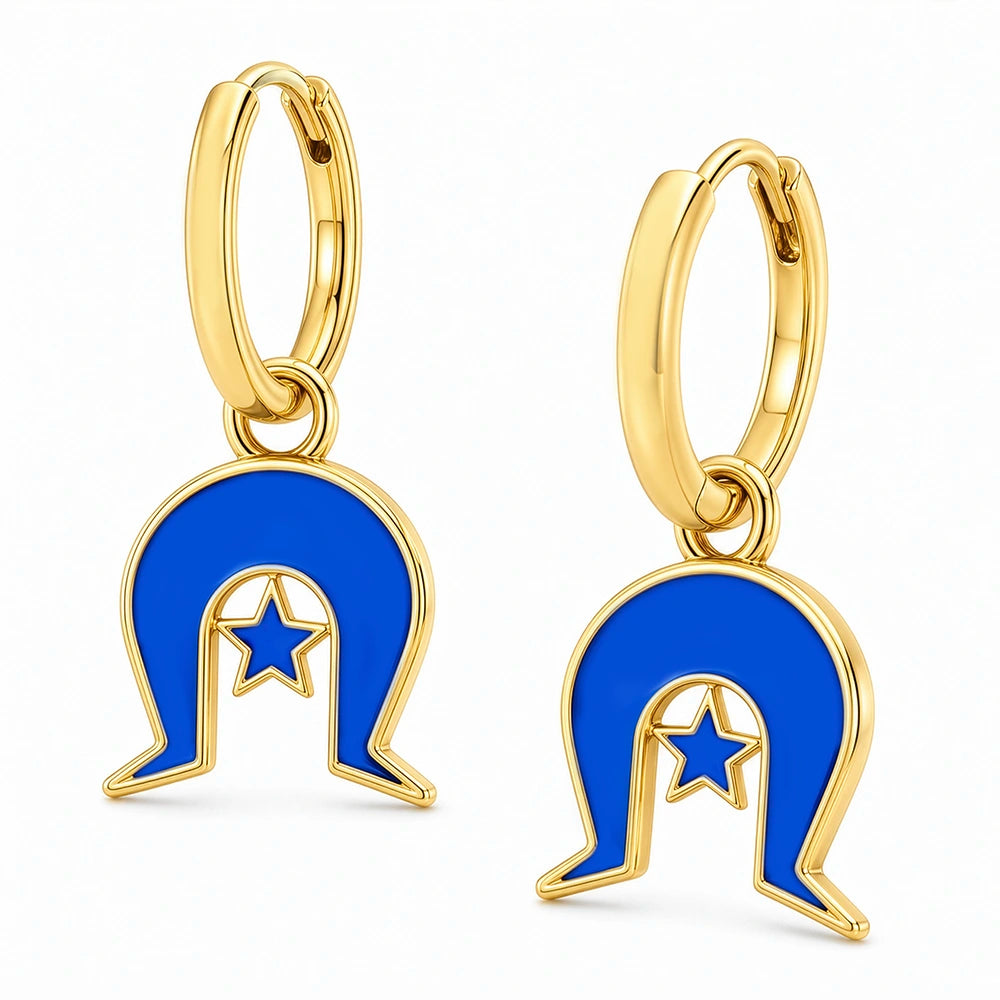 Gold hoop earrings with a blue enamel charm of the Torres Strait Island Dhoeri on the Torres Strait Island Flag