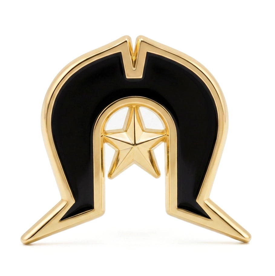 Close up of BROSISCUS Torres Strait Island Dhoeri Headdress Enamel Pin in Gold with hard enamel in black