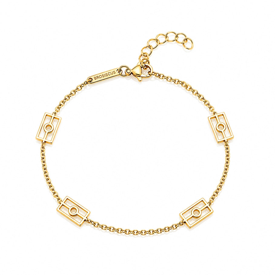 Close up of a gold Aboriginal Flag Bracelet with four Charms in the shape of the Aboriginal Flag.