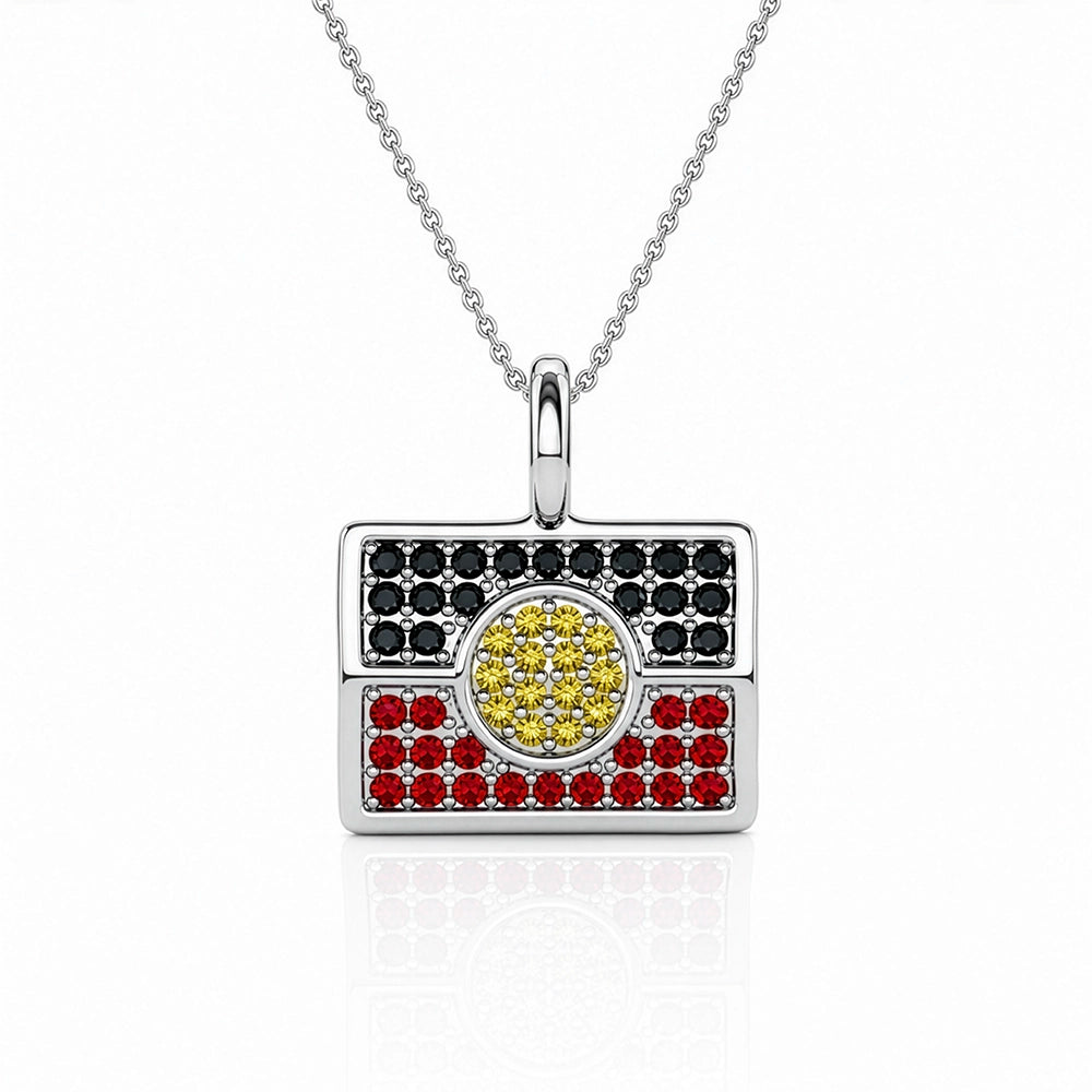 Silver Necklace and Pendant in the shape of Aboriginal Flag with 52 red, black and yellow crystals in the colours of the Aboriginal Flag
