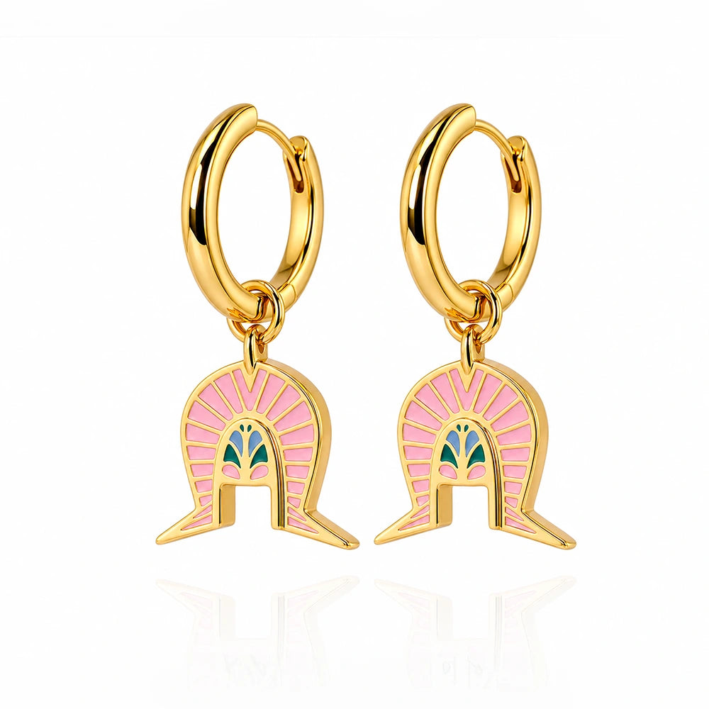 Pink-enamel-dhoeri-headdress-gold-hoop-earrings-torres-strait-jewellery-BROSISCUS
