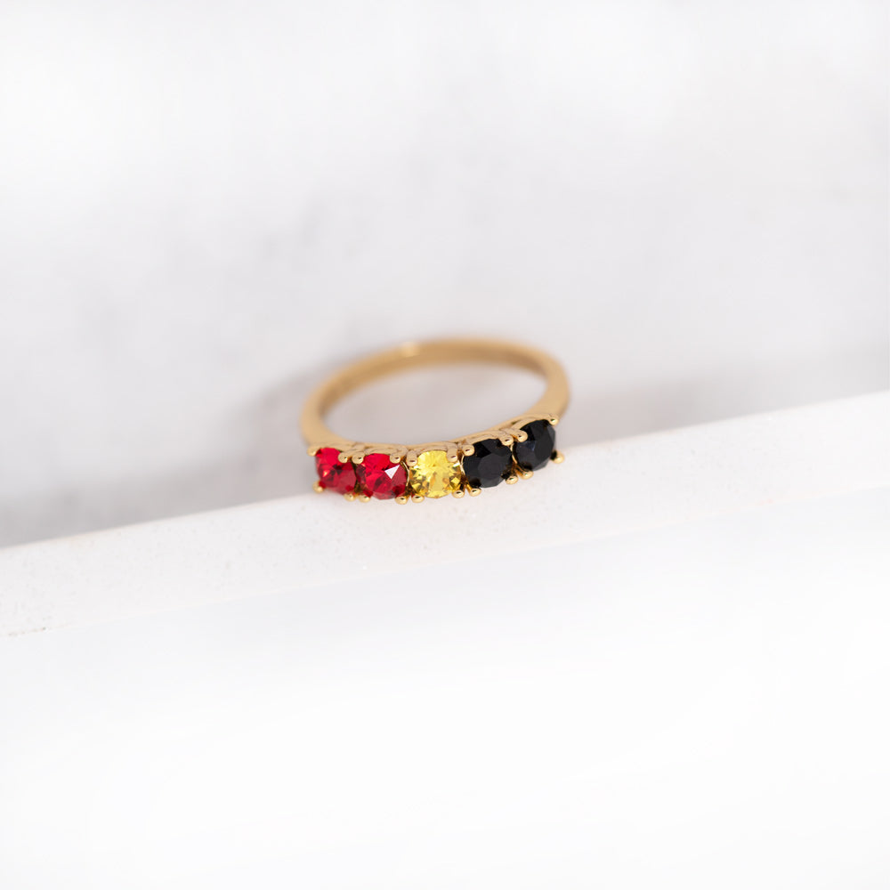 Aboriginal Flag Ring with Red, yellow and black crystals on a gold ring