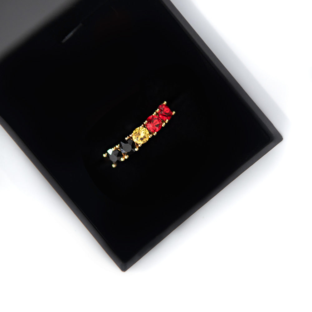 Gold Crystal ring with the colours of the Aboriginal Flag