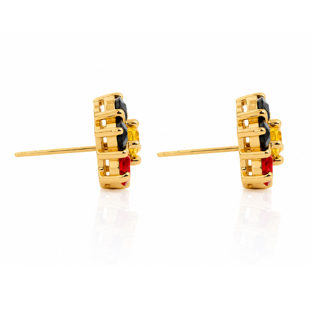 A pair of gold stud Aboriginal earrings with stunning crystals in the colours of the Aboriginal Flag