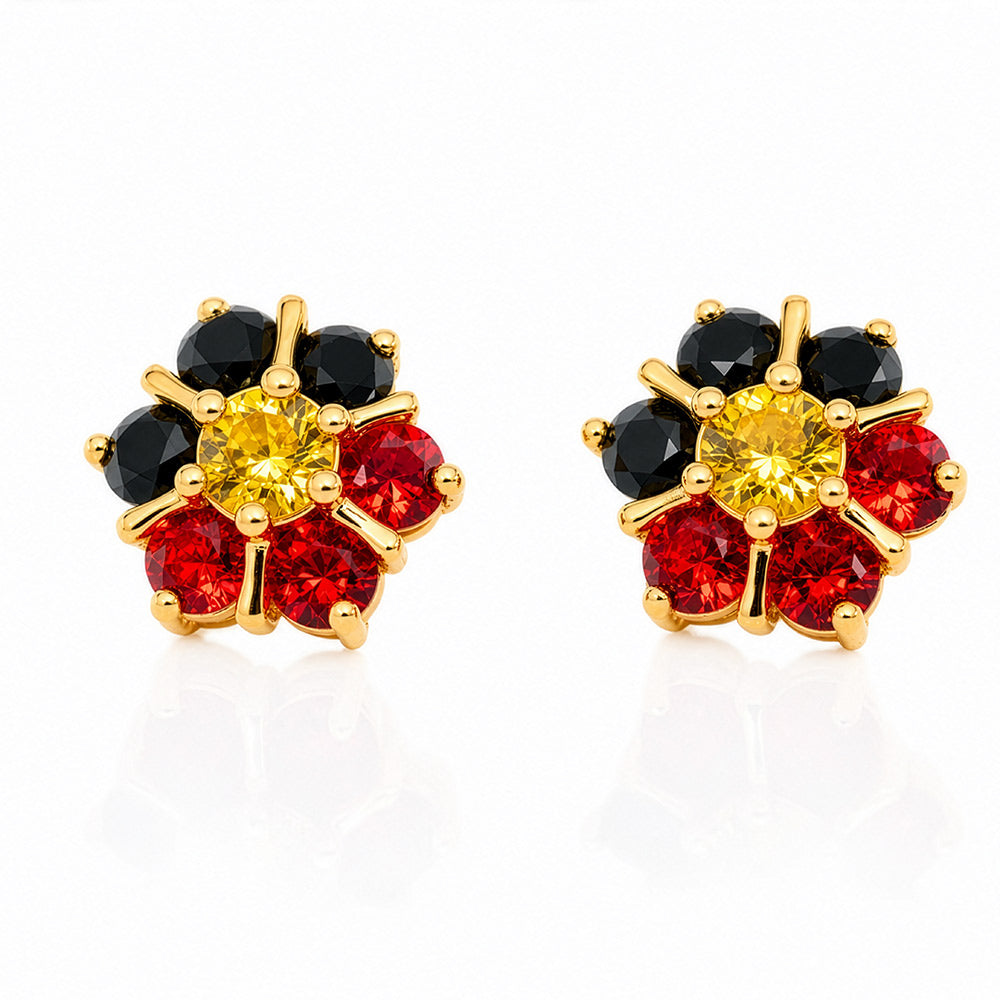 A pair of gold stud Aboriginal earrings with stunning crystals in the colours of the Aboriginal Flag