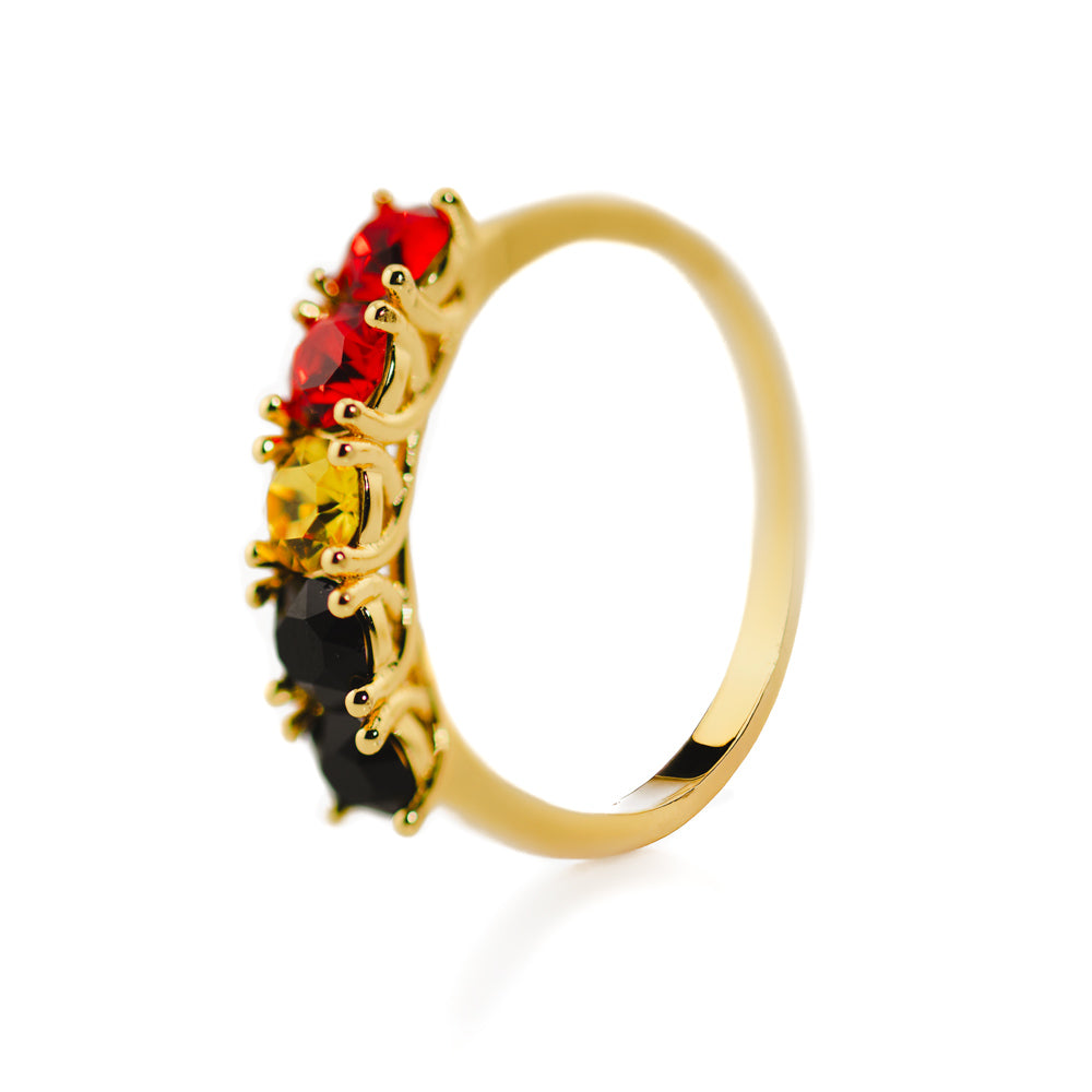 Gold ring with Aboriginal Flag Coloured crystals 