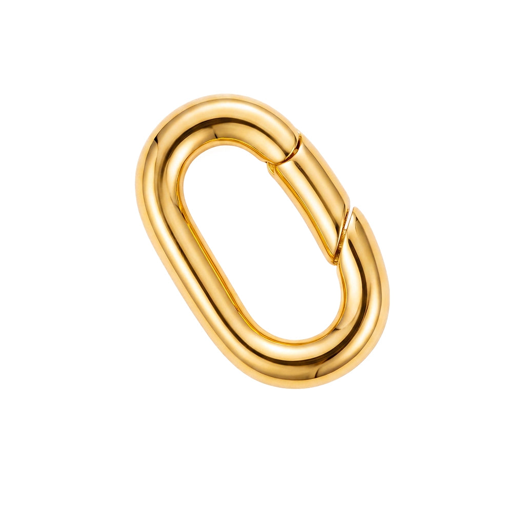 A polished gold oval carabiner clasp on a solid white background.
