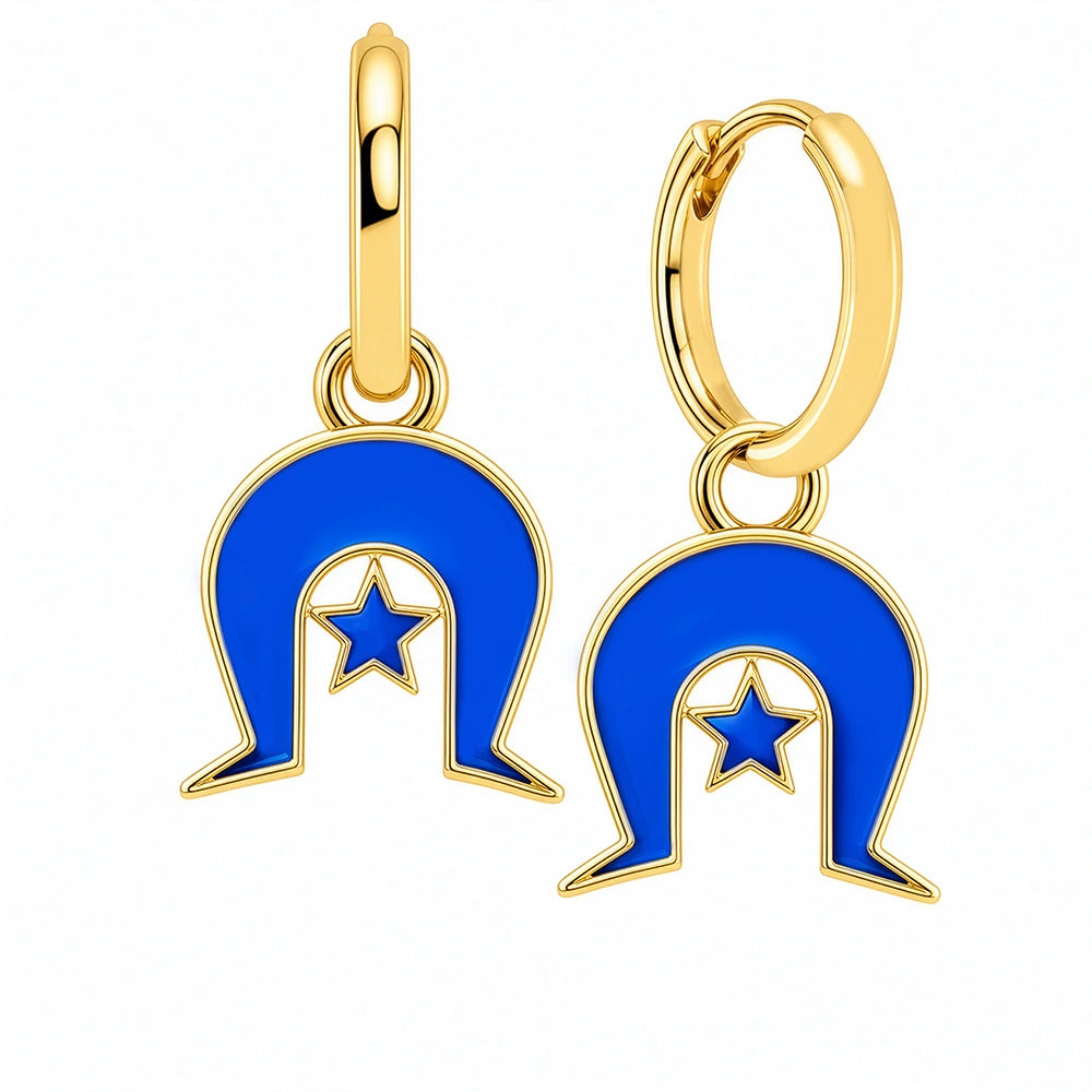 Gold hoop earrings with a blue enamel charm of the Torres Strait Island Dhoeri on the Torres Strait Island Flag