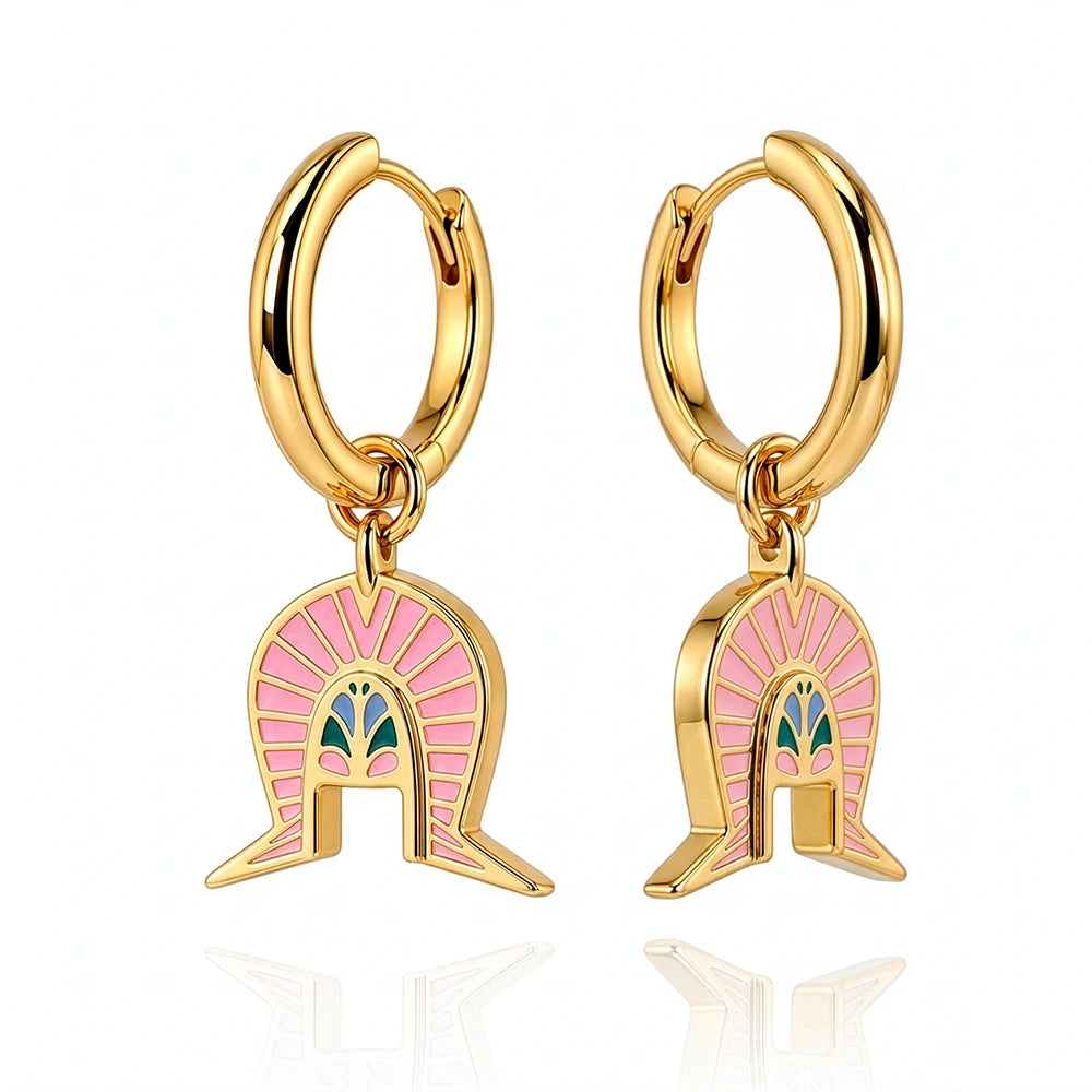 Pink-enamel-dhoeri-headdress-gold-hoop-earrings-torres-strait-jewellery-BROSISCUS