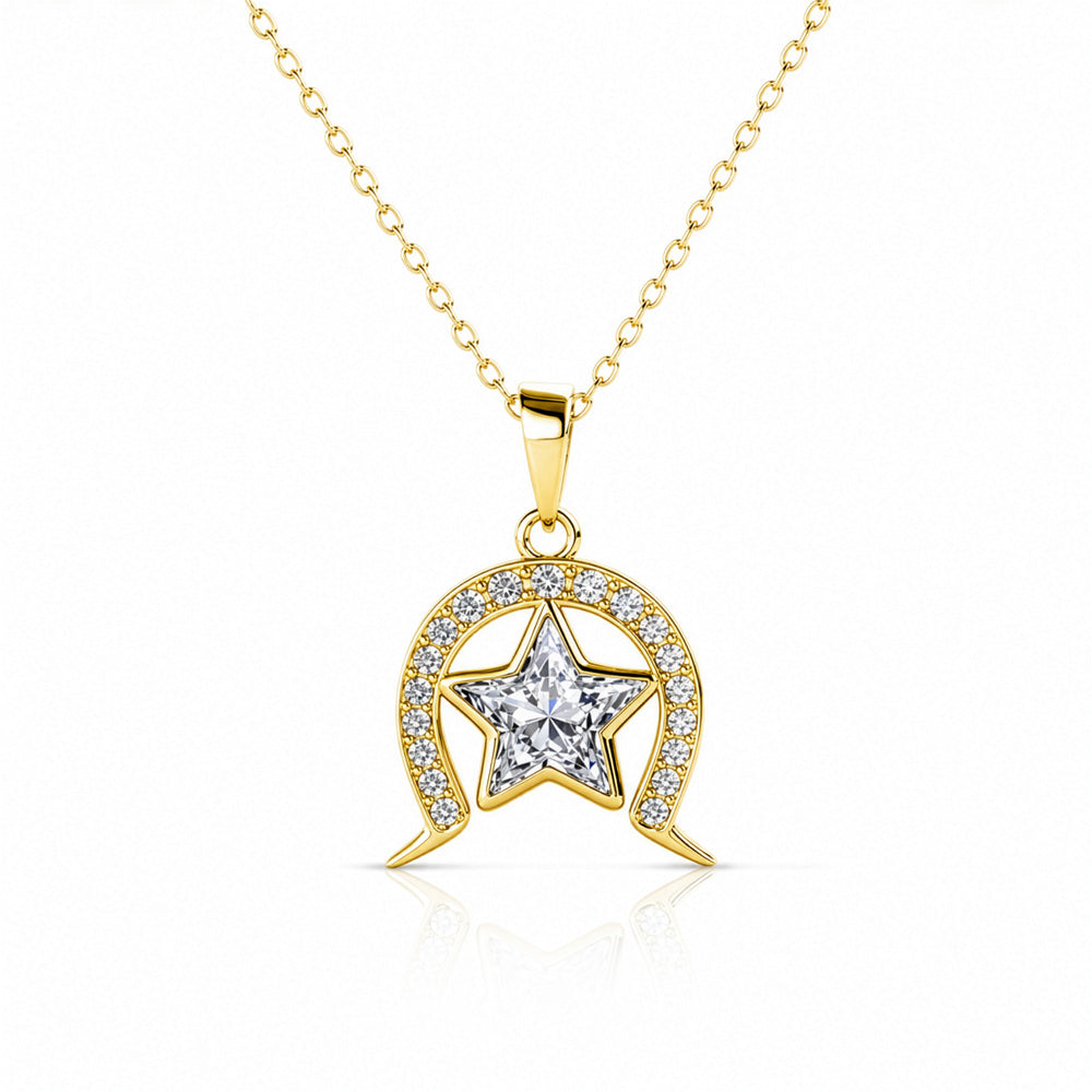 Gold Necklace in the shape of the Torres Strait Island Dhari Headdrss with large Torres Strait Island Crystal star